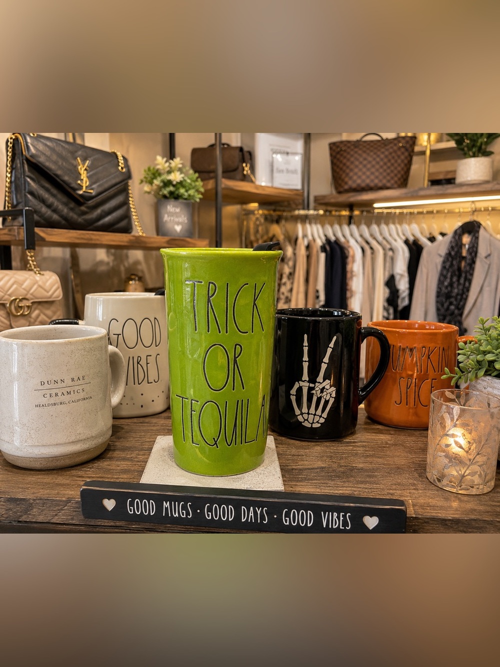 Ceramic Mug Rae Dunn Green Travel Tumbler “Trick Or Tequila”